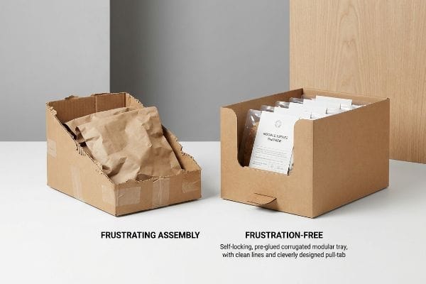 Roughly assembled corrugated display tray, secured with visible clear packing tape, containing crumpled brown paper bags, highlighting frustrating assembly.