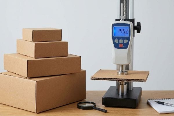 Corrugated Box Compression Test Corrugated cardboard undergoing a TAPPI T811 Edge Crush Test, showing a digital force gauge displaying 145.2 lbs, beside stacked plain brown boxes.