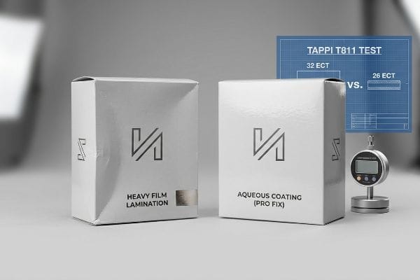 Tappi T811 Test Heavy Film Lamination and Aqueous Coating (Pro Fix) boxes. Tappi T811 Test blueprint (32 ECT vs. 26 ECT) with compression tester.