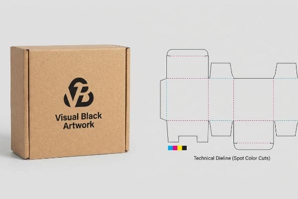 Box Dieline Spot Cuts Brown corrugated cardboard box with 'Visual Black Artwork' logo next to a technical dieline showing spot color cut and fold lines with CMYK swatches.