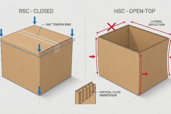 مقارنة بين الصناديق المموجة RSC المغلقة بحلقة شد 360 درجة و HSC المفتوحة من الأعلى، مع إظهار الانحراف الجانبي، وتسليط الضوء على اتجاه التموج الرأسي.
