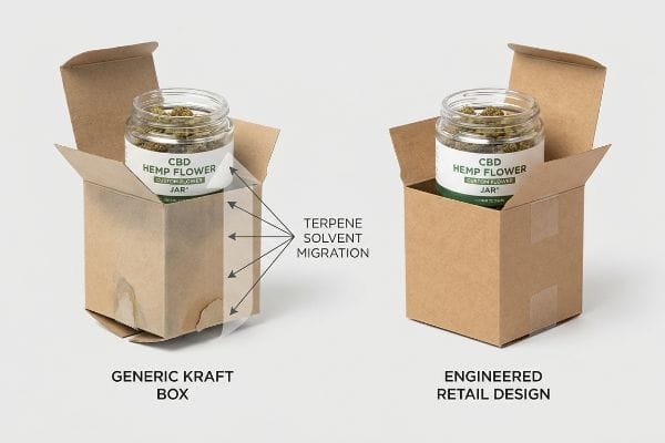 Terpene Migration Packaging Solution Generic Kraft Box with Terpene Solvent Migration from a CBD Hemp Flower jar, contrasted with a clean Engineered Retail Design.