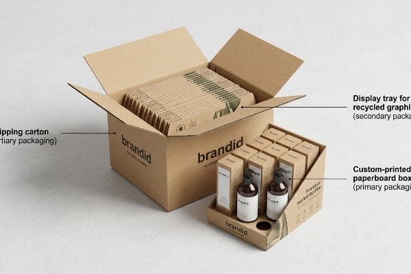 BrandID's retail packaging system, showing a shipping carton, recycled graphic display trays, and custom-printed paperboard boxes.