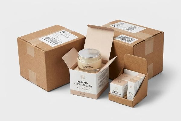 Corrugated tertiary master shippers, a white secondary carton with a Primary Cosmetic Jar, and a retail display.