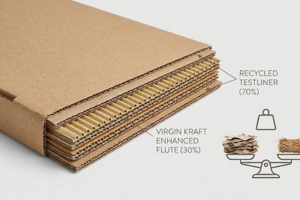 Corrugated Board Layers Corrugated board cross-section with Recycled Testliner (70%) and Virgin Kraft Enhanced Flute (30%) layers.