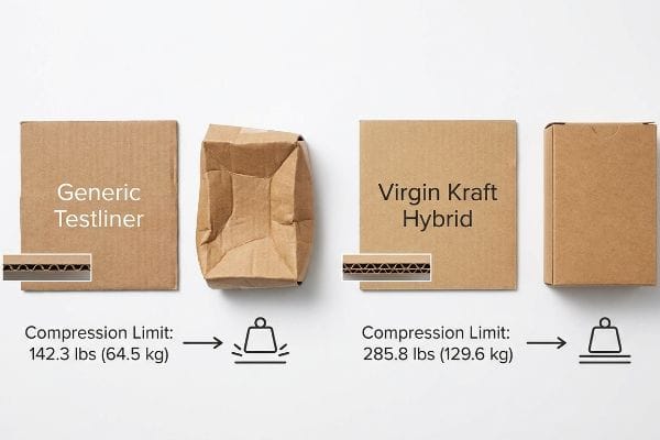 Generic Testliner box crushed at 142.3 lbs vs. Virgin Kraft Hybrid box 285.8 lbs compression.