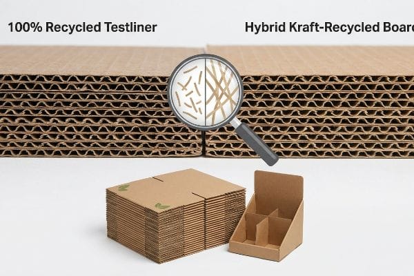 Recycled Hybrid Board Fibers 100% Recycled Testliner and Hybrid Kraft-Recycled Board corrugated stacks, with a magnifying glass showing their distinct fiber architecture.