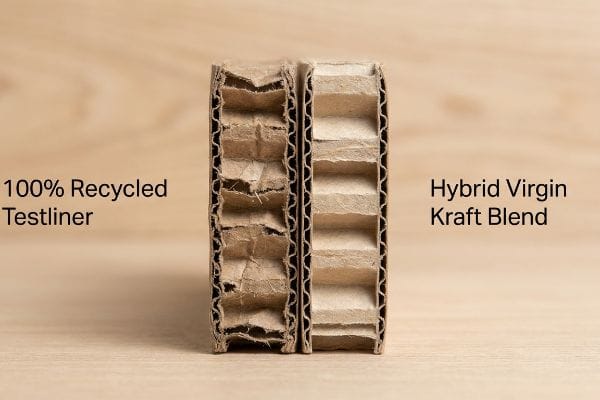 Corrugated cardboard cross-sections: 100% Recycled Testliner with compressed flutes, Hybrid Virgin Kraft Blend with rigid flutes.