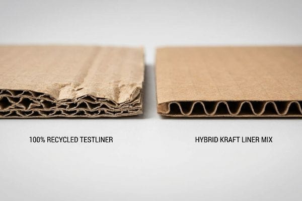 Comparing 100% Recycled Testliner with compressed flutes to Hybrid Kraft Liner Mix's strong, arched flutes.