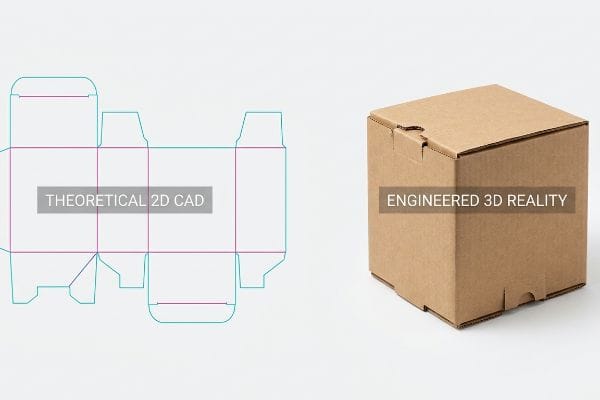 Packaging Dieline to Reality Brown corrugated box, "Engineered 3D Reality", contrasted with its "Theoretical 2D CAD" dieline, highlighting packaging design.