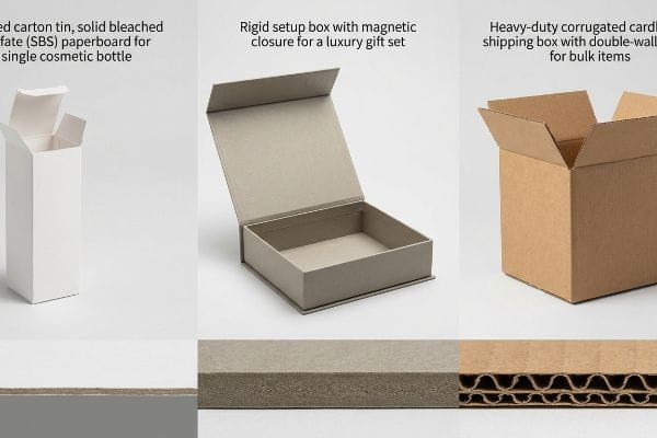 White solid bleached sulfate (SBS) paperboard folding carton, grey rigid setup box with magnetic closure, and brown double-wall corrugated shipping box, with material cross-sections.