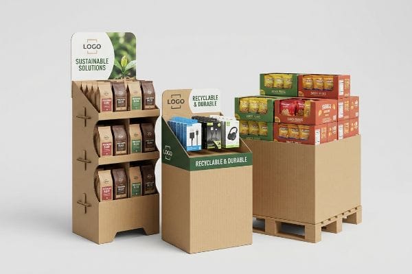 Corrugated POS Displays Corrugated cardboard POS displays showcase coffee pouches, electronics, and snack boxes, promoting "Sustainable Solutions" and "Recyclable & Durable" features.