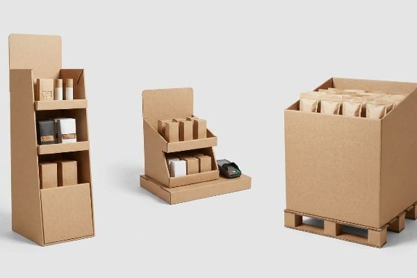 Natural brown corrugated cardboard floor, countertop, and pallet displays showcase various retail products, including a POS terminal.