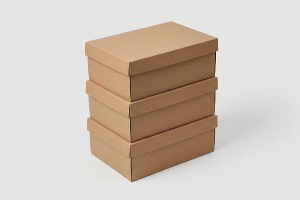 Three sturdy brown cardboard shoe boxes with lids stacked neatly, ready for shipping or storage.