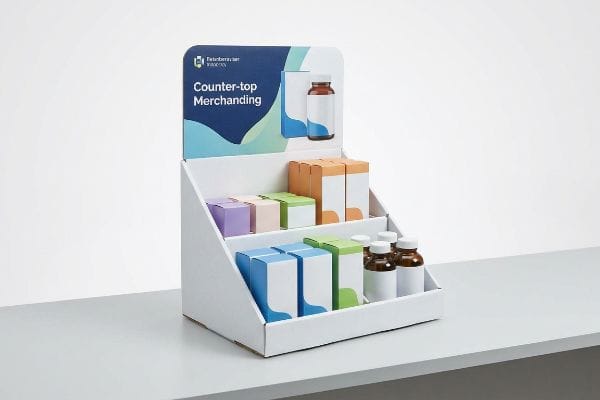 White three-tiered counter-top display with 'Counter-top Merchandising' header, featuring colorful boxes and brown bottles.