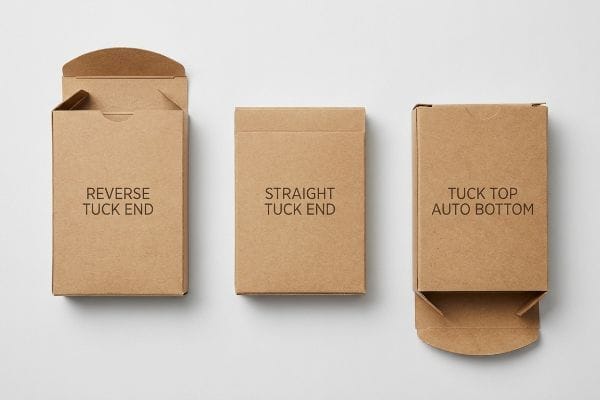 Tuck Box Styles Display Three brown kraft paper tuck boxes display Reverse Tuck End, Straight Tuck End, and Tuck Top Auto Bottom styles on a white background.