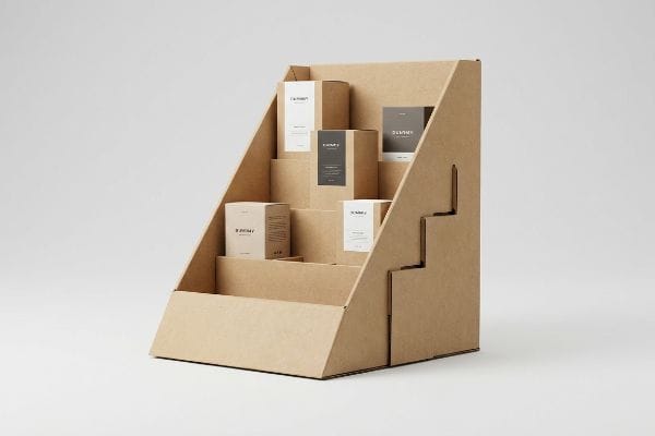 Corrugated Display Box Template Tiered corrugated cardboard display box showcasing product boxes labeled 'Summer' and 'Journey', enhancing retail visibility.