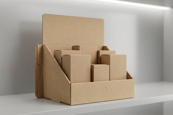 Retail POP Display Boxes Brown corrugated cardboard POP display unit with tiered plain boxes, ready for retail point-of-purchase on a white shelf.