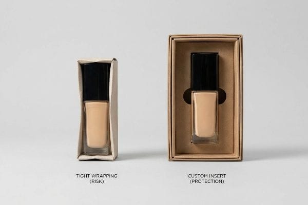 Packaging Risk vs Protection Two beige foundation bottles demonstrate cosmetic packaging: one in tight paperboard wrapping (Risk), the other in a kraft box with a custom cardboard insert (Protection).
