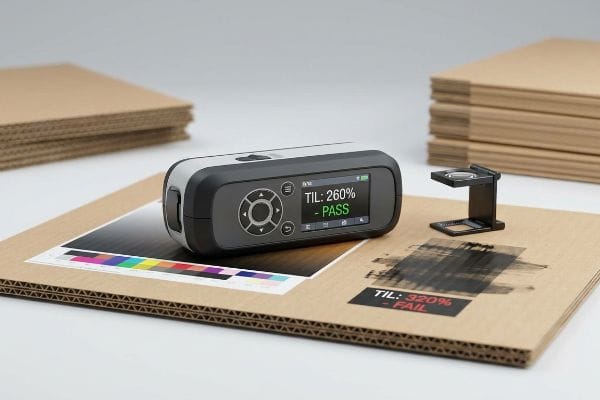 Ink Limit Pass Fail Corrugated cardboard shows a spectrophotometer displaying Til: 260% Pass, with a Til: 320% Fail ink test and a loupe.