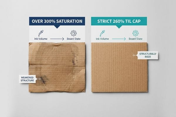 Farbsättigung Boardstärke Vergleich von Wellpappe: Eine durch über 300%ige Sättigung geschwächte Struktur steht einer strukturell stabilen Platte mit einer strikten Til-Cap von 260% gegenüber.