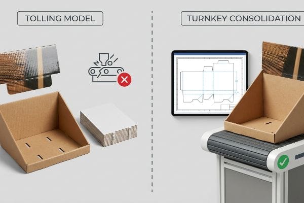 Tolling vs Turnkey Brown corrugated display boxes and flat sheets illustrate the Tolling Model's jammed assembly line versus Turnkey Consolidation with a CAD design and smooth conveyor.