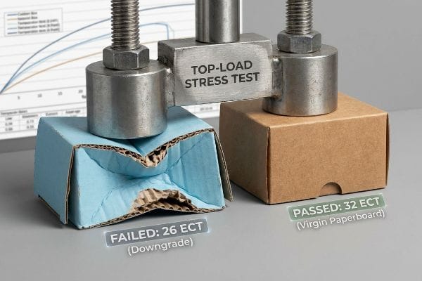 A blue corrugated box, failed at 26 ECT (Downgrade), next to a passed 32 ECT (Virgin Paperboard) brown box during a Top-Load Stress Test.