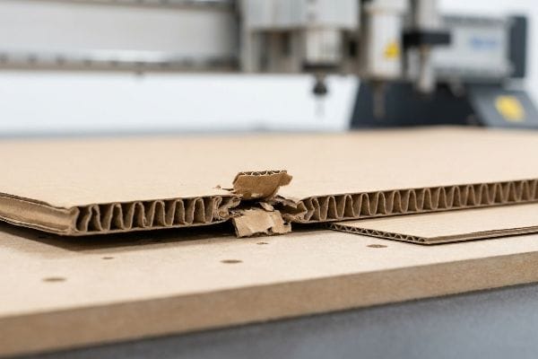 Torn Corrugated Flute Brown corrugated cardboard with snapped, torn B-flute tabs exposing raw fibers, demonstrating a material failure on a CNC cutting table.