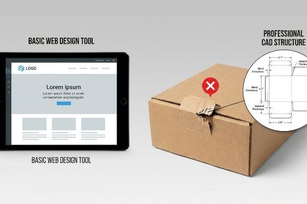 Basic vs Professional Packaging A tablet displaying a Basic Web Design Tool and a torn corrugated box, contrasted with a Professional CAD Structure dieline showing bend allowance and material thickness.