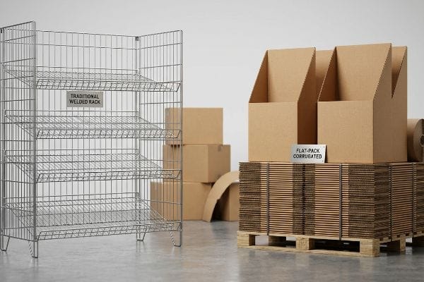 Silver metal wire Traditional Welded Rack contrasts with Flat-Pack Corrugated cardboard display boxes and stacked sheets.