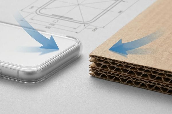 バンパーケースプロテクション 透明なスマートフォン用バンパーケースと、青い矢印が描かれた波型段ボール。構造包装における運動エネルギーの分散を図示している。.