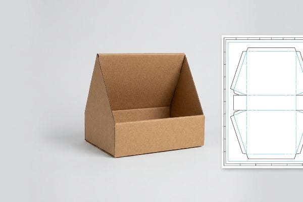 Brown corrugated cardboard trapezoidal display box with its white dieline blueprint, illustrating the engineered geometric shape.