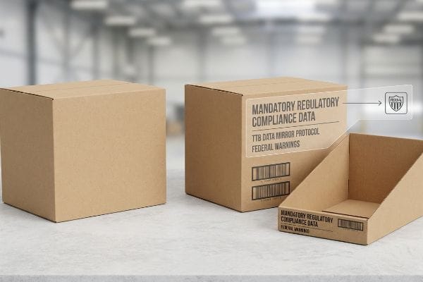 Packaging Compliance Data Brown corrugated cardboard boxes and an empty point-of-purchase display tray feature labels with Mandatory Regulatory Compliance Data, TTB Data Mirror Protocol, and Federal Warnings, highlighted by a Federal shield icon.