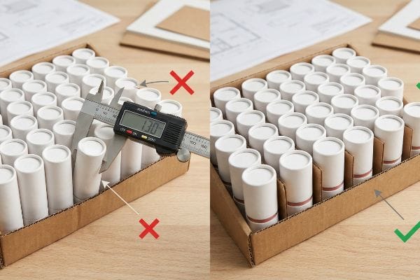 Bulge Measurement Retail Display Digital caliper measures a white cosmetic tube's micro-bulge in a corrugated tray, showing incorrect tight packing versus proper retail display spacing.