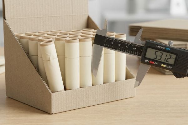 Digital caliper measuring a cream lip balm tube at 53.12 mm in a corrugated display box, demonstrating precise packaging tolerance.
