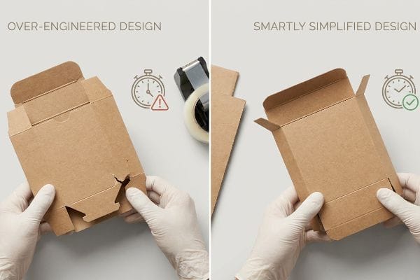 Simplified Tuck Box Assembly Brown kraft paperboard tuck boxes, with gloved hands comparing an Over-Engineered Design's complex friction tabs to a Smartly Simplified Design's efficient assembly.