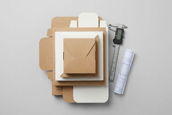 Custom Tuck Box Design Custom tuck boxes, digital caliper, blueprint for structural packaging design, material tolerance.