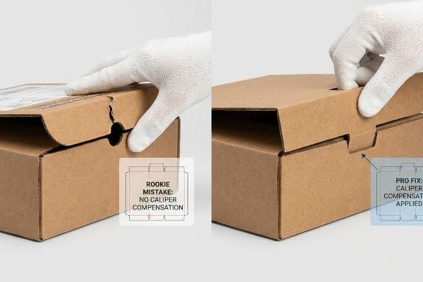 Caliper Compensation Comparison Brown cardboard box: Rookie Mistake tearing tuck flap vs. Pro Fix smooth caliper compensation.