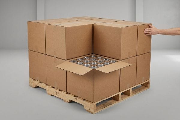 Brown corrugated master cartons stacked on a wooden pallet, one open box revealing metal tumblers, with a hand checking box alignment.