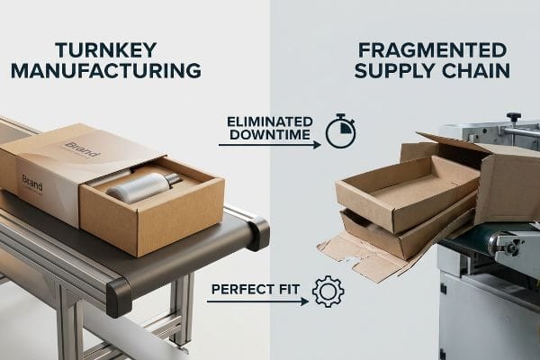 Brown cardboard packaging for a silver bottle on a conveyor belt shows Turnkey Manufacturing's Perfect Fit and Eliminated Downtime versus a Fragmented Supply Chain.