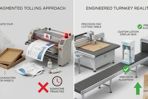 A split image contrasting a Fragmented Tolling Approach with an Engineered Turnkey Reality, showing a jammed laminator with 'Downtime Penalties' versus a Precision CNC Cutting Table and a Custom Lotion Display Box on a conveyor with 'Precision Alignment'.
