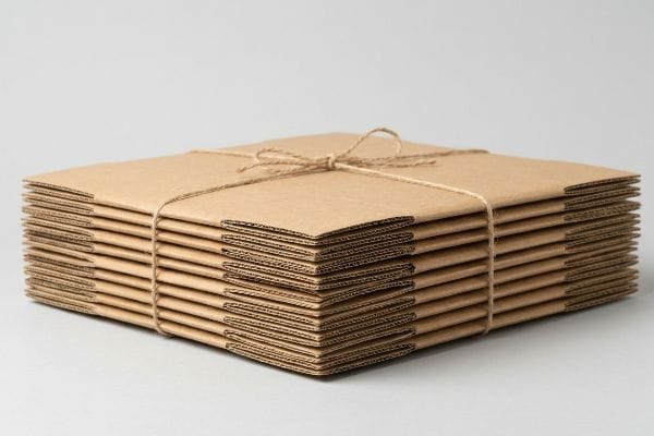 Flat-Pack Cardboard Boxes A neat stack of flat-packed corrugated cardboard boxes, bound with natural twine, highlights efficient packaging.