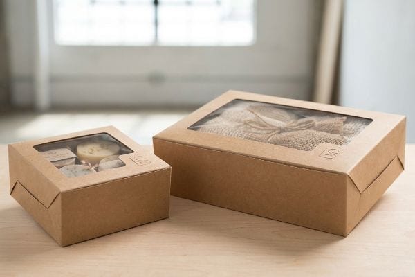 Two custom natural brown kraft boxes with clear windows, displaying bath soaps and a folded fabric item, both featuring an 'LS' logo.
