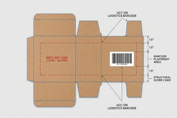 Barcode Keep-Out Zone Dieline Brown corrugated cardboard dieline illustrates UCC-128 Logistics Barcode placement within a 1.5-inch (38.1 mm) Keep-Out Zone from Structural Score Lines.