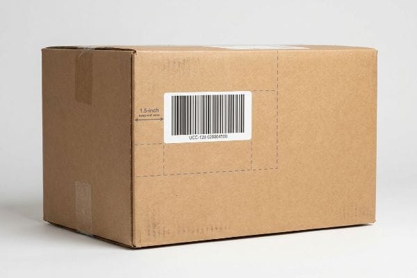Brown corrugated shipping box with a UCC-128 barcode label, showing a 1.5-inch keep-out zone for optimal logistics data scanning.