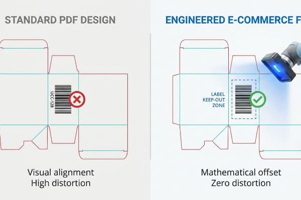 Barcode Distortion Comparison Box dieline comparison: standard PDF design shows distorted UCC-128 barcode near a fold, while engineered e-commerce file features a mathematically offset barcode in a label keep-out zone, ensuring zero distortion.
