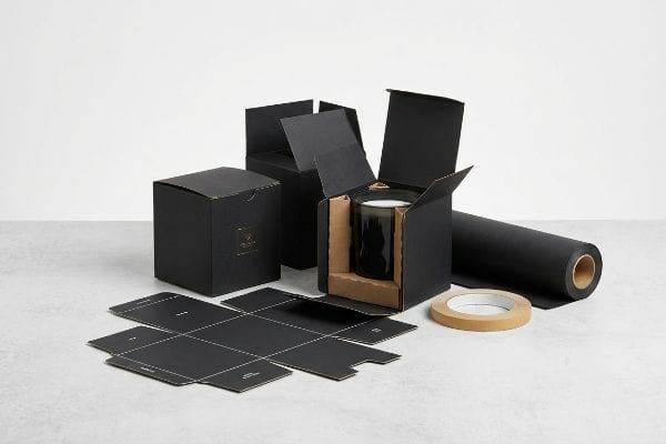 Black Candle Box Packaging Assembled and unassembled black matte candle boxes with structural inserts, a dark candle, black wrapping paper, and kraft tape.