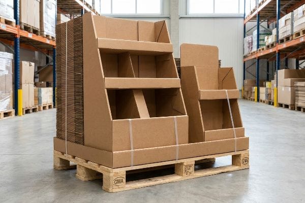 Cardboard Displays Palletized Warehouse Brown corrugated cardboard unassembled floor display units and flat-packed boxes secured on a GMA pallet in a warehouse.