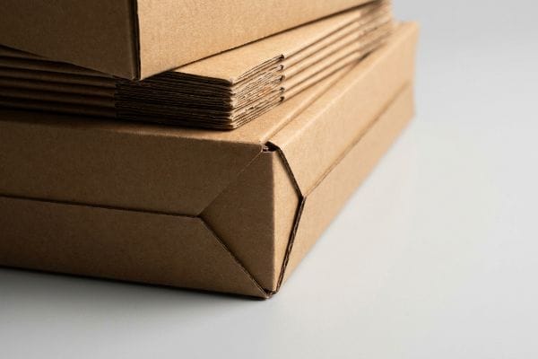 Kraft Candle Box Stack A stack of unassembled brown kraft corrugated folding cartons, highlighting the precision die-cut corner fold for wholesale candle boxes.