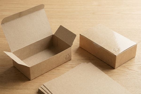 Eco-friendly folding cartons of unbleached kraft paperboard, one open, one closed with aqueous coating and recycling symbol, on wood.